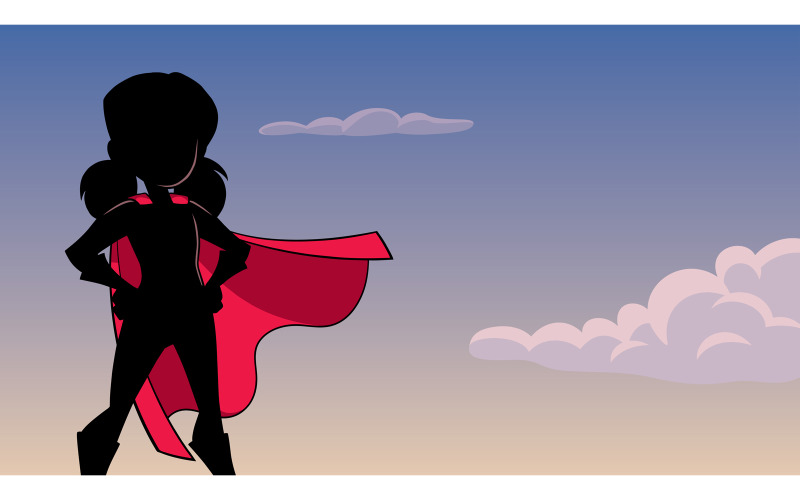 Download Иллюстрация "Super Girl Sky Silhouette - Illustration" / Super Girl Sky Silhouette - Illustration - Иллюстрация на тему графика cape,hero,super,girl,heroine,superheroine,child,power,powerful,energy,superhero,illustration,vector,cartoon,character,female,girl power,sky,background,copy space