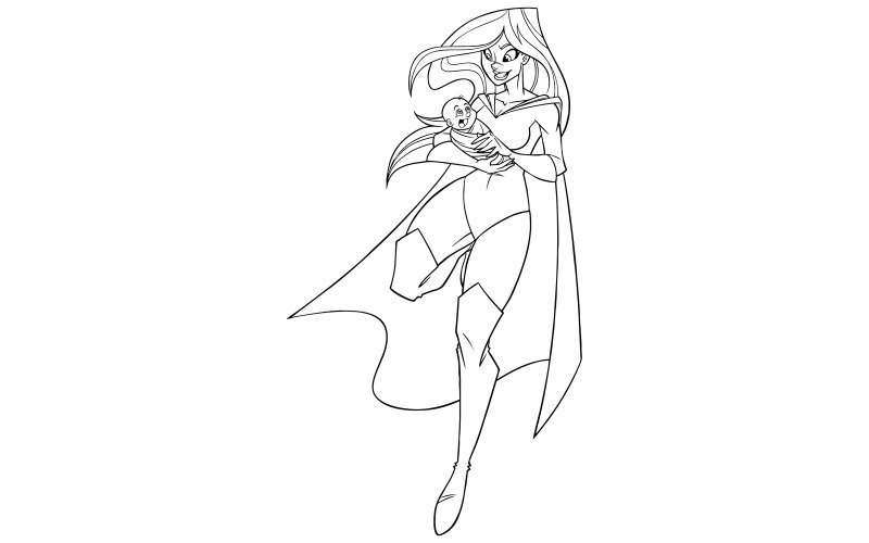 Super maman avec bébé dessin au trait - illustration