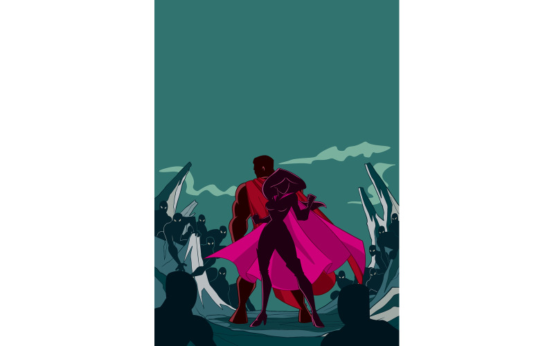Download Иллюстрация "Superhero Couple Back to Back Silhouette - Illustration" / Superhero Couple Back to Back Silhouette - Illustration - Иллюстрация на тему графика man,woman,hero,superhero,super,couple,heroine,superheroine,silhouette,cape,love,together,confrontation,fight,evil,forced,negative,creatures,power,powerful