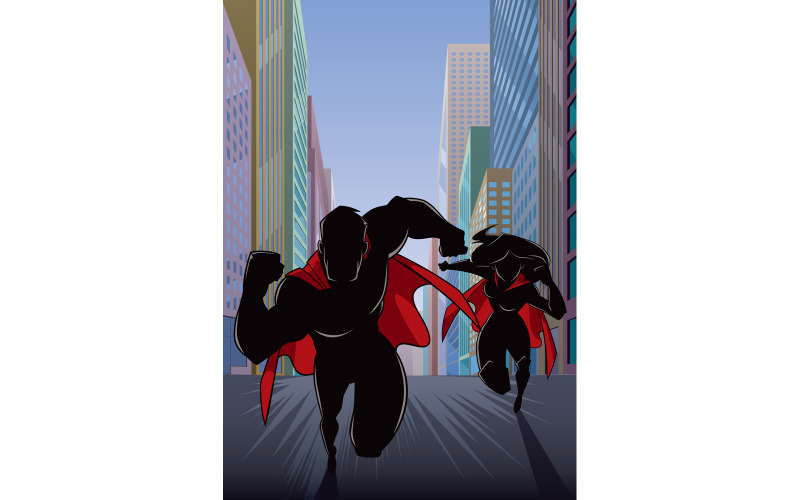 Download Иллюстрация "Superhero Couple Running Hero Leads Silhouette - Illustration" / Superhero Couple Running Hero Leads Silhouette - Illustration - Иллюстрация на тему графика super,hero,cape,superhero,man,woman,male,female,superheroine,heroine,couple,family,silhouette,team,leader,leading,running,fast,city,street
