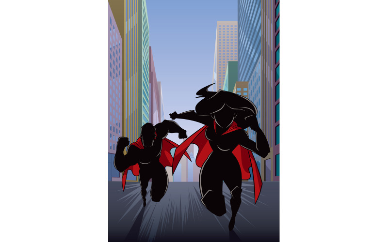 Download Иллюстрация "Superhero Couple Running Heroine Leads Silhouette - Illustration" / Superhero Couple Running Heroine Leads Silhouette - Illustration - Иллюстрация на тему графика super,hero,cape,superhero,man,woman,male,female,superheroine,heroine,couple,family,silhouette,team,leader,leading,running,fast,city,street