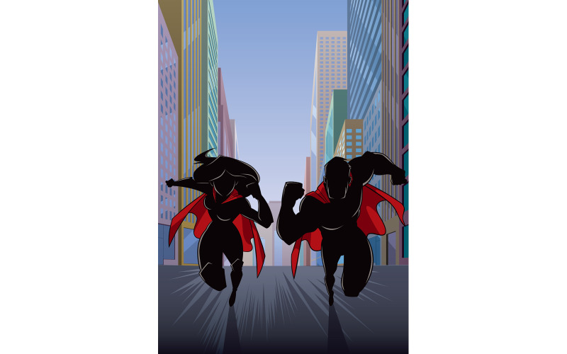 Download Иллюстрация "Superhero Couple Running in City Silhouette - Illustration" / Superhero Couple Running in City Silhouette - Illustration - Иллюстрация на тему графика super,hero,cape,superhero,man,woman,male,female,superheroine,heroine,couple,family,silhouette,team,running,fast,city,street,cityscape,boulevard