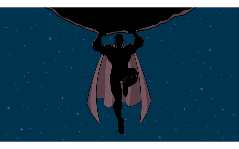 Download Иллюстрация "Superhero Holding Boulder in Space Silhouette - Illustration" / Superhero Holding Boulder in Space Silhouette - Illustration - Иллюстрация на тему графика man,hero,cape,superhero,boulder,meteorite,asteroid,comet,rock,power,savior,mission,intervention,powerful,huge,flying,sky,big,space,outer space
