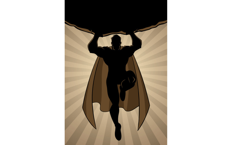 Download Иллюстрация "Superhero Holding Boulder Ray Light Silhouette - Illustration" / Superhero Holding Boulder Ray Light Silhouette - Illustration - Иллюстрация на тему графика man,hero,cape,superhero,boulder,power,savior,mission,intervention,powerful,huge,flying,silhouette,sky,ray light,sunlight,big,copy space,muscles,muscular