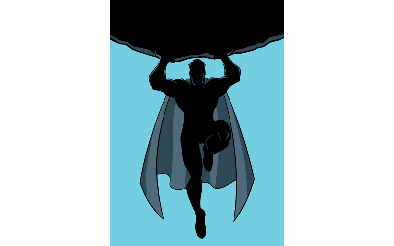 Download Иллюстрация "Superhero Holding Boulder Silhouette - Illustration" / Superhero Holding Boulder Silhouette - Illustration - Иллюстрация на тему графика man,hero,cape,superhero,boulder,power,savior,mission,intervention,powerful,huge,flying,silhouette,sky,big,copy space,muscles,muscular,action,energy