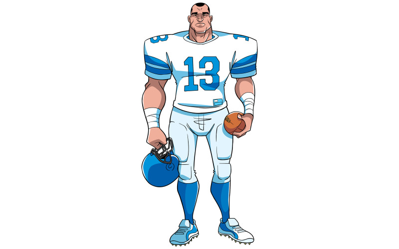 Download Иллюстрация "American Football Player - Illustration" / American Football Player - Illustration - Иллюстрация на тему графика man,american,football,player,ball,sport,cartoon,character,standing,holding,equipment,determined,athletic,determination,competitive,serious,strong,power,athlete,muscular