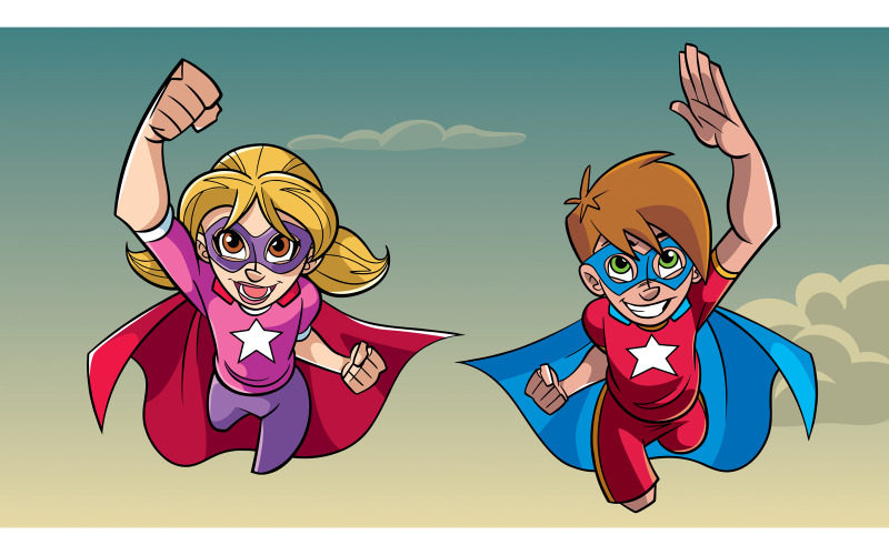 Download Иллюстрация "Boy and Girl Flying Together - Illustration" / Boy and Girl Flying Together - Illustration - Иллюстрация на тему графика cape,hero,heroine,super,boy,girl,kid,superhero,superheroine,child,friend,boyfriend,girlfriend,couple,brother,sister,cousin,sibling,flying,sky
