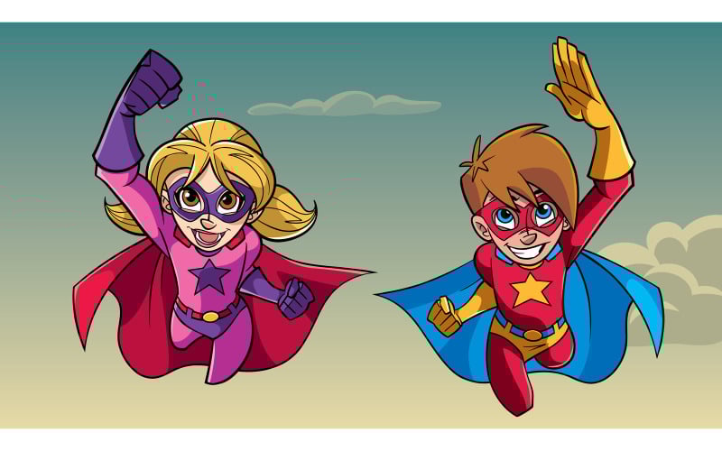 Download Иллюстрация "Boy and Girl Flying Together - Illustration" / Boy and Girl Flying Together - Illustration - Иллюстрация на тему графика cape,hero,heroine,super,boy,girl,kid,superhero,superheroine,child,friend,boyfriend,girlfriend,couple,brother,sister,cousin,sibling,flying,sky