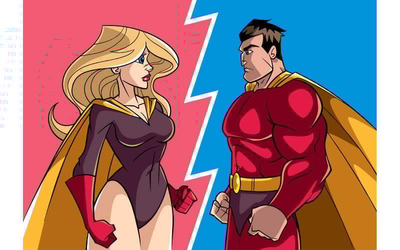 Download Иллюстрация "Hero versus Heroine - Illustration" / Hero versus Heroine - Illustration - Иллюстрация на тему графика superhero,couple,superheroine,super,hero,man,male,female,heroine,woman,girl,superwoman,family,power,comic book,comics,comic strip,isolated,profile,side