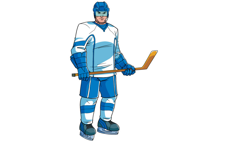 Download Иллюстрация "Hockey Player - Illustration" / Hockey Player - Illustration - Иллюстрация на тему графика man,hockey,ice,player,skater,game,sport,professional,cartoon,character,blue,equipment,helmet,skates,serious,posing,determined,determination,league,strength
