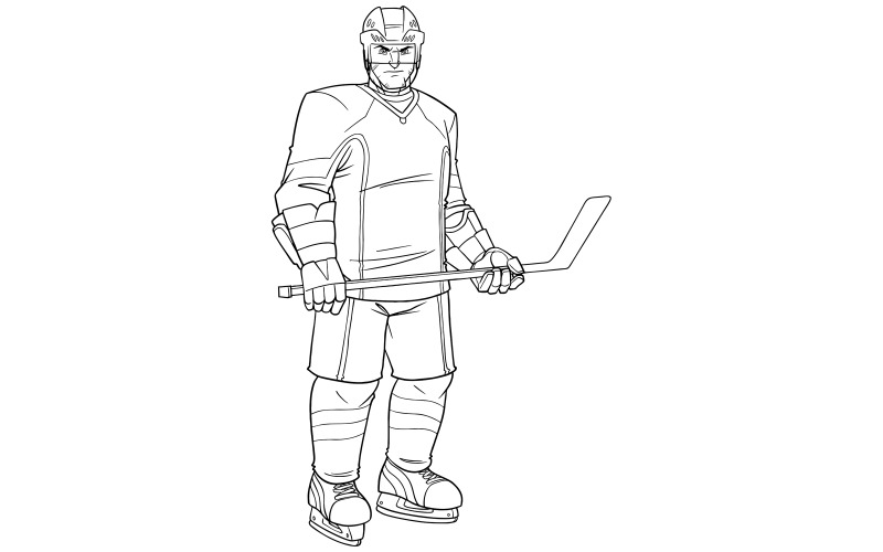 Download Иллюстрация "Hockey Player Line Art - Illustration" / Hockey Player Line Art - Illustration - Иллюстрация на тему графика man,hockey,ice,player,skater,game,sport,professional,cartoon,character,blue,equipment,helmet,skates,serious,posing,determined,determination,league,strength