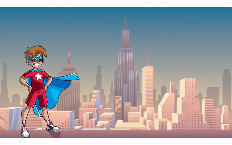 Download Иллюстрация "Little Super Boy City Background - Illustration" / Little Super Boy City Background - Illustration - Иллюстрация на тему графика cape,hero,super,boy,kid,superhero,child,power,powerful,energy,illustration,vector,cartoon,character,male,teenager,puberty,city,cityscape,skyline