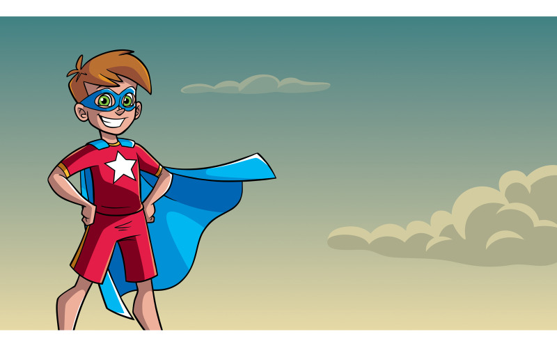 Download Иллюстрация "Little Super Boy Sky Background - Illustration" / Little Super Boy Sky Background - Illustration - Иллюстрация на тему графика cape,hero,super,boy,kid,superhero,child,power,powerful,energy,illustration,vector,cartoon,character,male,teenager,puberty,sky,background,copy space