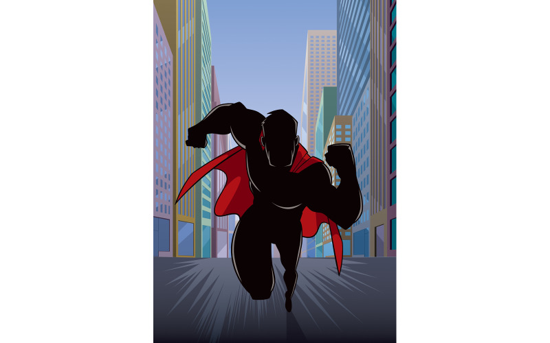 Download Иллюстрация "Superhero Running in City Silhouette - Illustration" / Superhero Running in City Silhouette - Illustration - Иллюстрация на тему графика man,hero,cape,superhero,super,running,fast,city,street,cityscape,silhouette,boulevard,avenue,protection,muscles,muscular,costume,intervention,specialist,expert