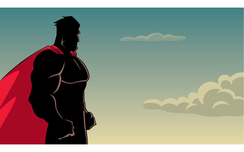 Download Иллюстрация "Superhero Side Profile Sky Silhouette - Illustration" / Superhero Side Profile Sky Silhouette - Illustration - Иллюстрация на тему графика man,hero,cape,superhero,super,ready,cartoon,character,side,profile,side view,silhouette,power,powerful,arms,muscles,muscular,bodybuilder,determined,determination