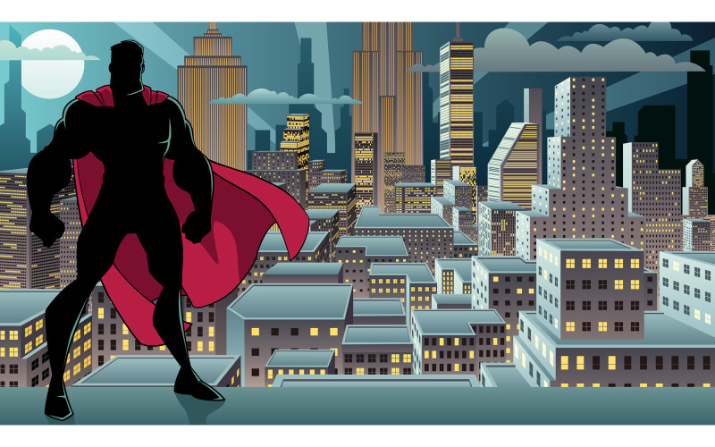 Download Иллюстрация "Superhero Standing Night City Silhouette - Illustration" / Superhero Standing Night City Silhouette - Illustration - Иллюстрация на тему графика superhero,super,hero,man,power,superman,silhouette,comic book,comics,style,strength,strong,standing,tall,muscular,city,cityscape,night,landscape,background