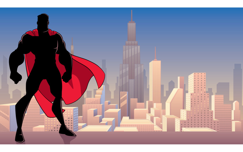 Download Иллюстрация "Superhero Standing Tall in City Silhouette - Illustration" / Superhero Standing Tall in City Silhouette - Illustration - Иллюстрация на тему графика superhero,super,hero,man,power,superman,silhouette,comic book,comics,style,strength,strong,standing,tall,muscular,city,cityscape,landscape,background,rooftop