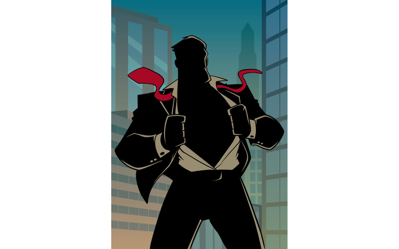 Download Иллюстрация "Superhero Under Cover in City Silhouette - Illustration" / Superhero Under Cover in City Silhouette - Illustration - Иллюстрация на тему графика superhero,super,hero,man,power,superman,business,businessman,under,cover,undercover,under cover,silhouette,suit,costume,disguise,shirt,city,cityscape