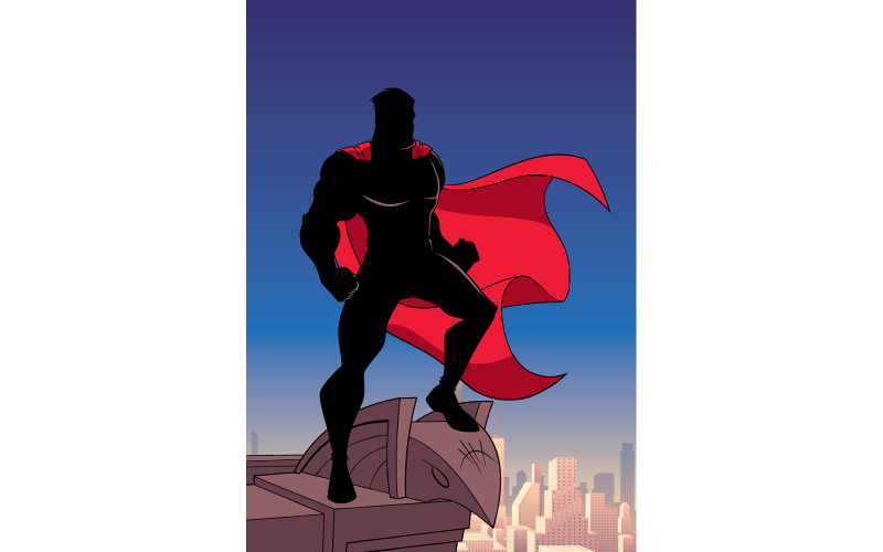 Download Иллюстрация "Superhero Watching City Silhouette - Illustration" / Superhero Watching City Silhouette - Illustration - Иллюстрация на тему графика superhero,super,hero,man,silhouette,serious,angry,determined,brave,courageous,city,cityscape,sky,skyscraper,panoramic,view,tower,building,business,office