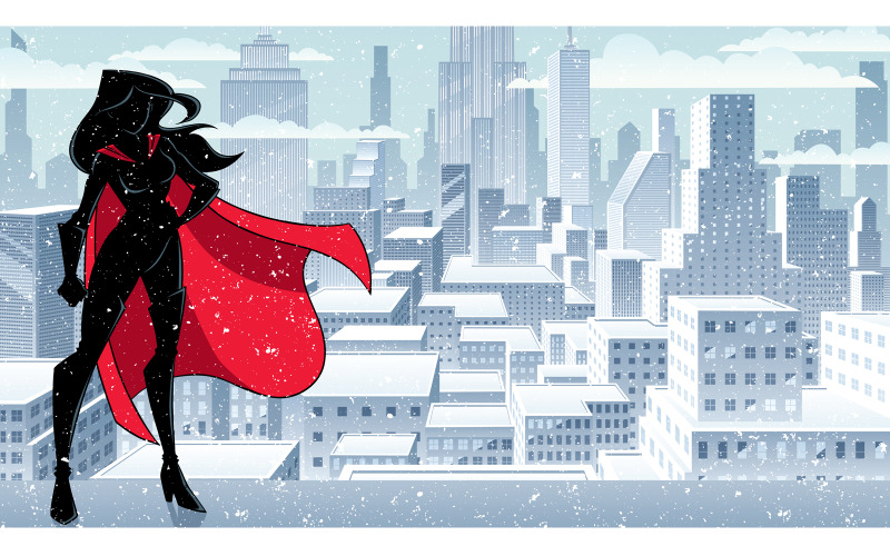 Superheroína de pie alto invierno silueta - ilustración