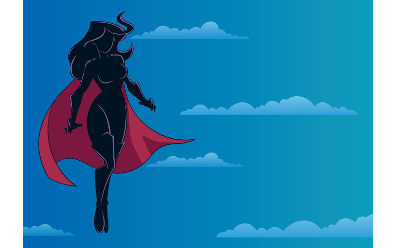 Download Иллюстрация "Superheroine Flying in Sky Silhouette - Illustration" / Superheroine Flying in Sky Silhouette - Illustration - Иллюстрация на тему графика woman,cape,superheroine,super,heroine,power,hero,superhero,flying,floating,sky,cloud,cloudscape,silhouette,landscape,background,powerful,energy,illustration,cartoon