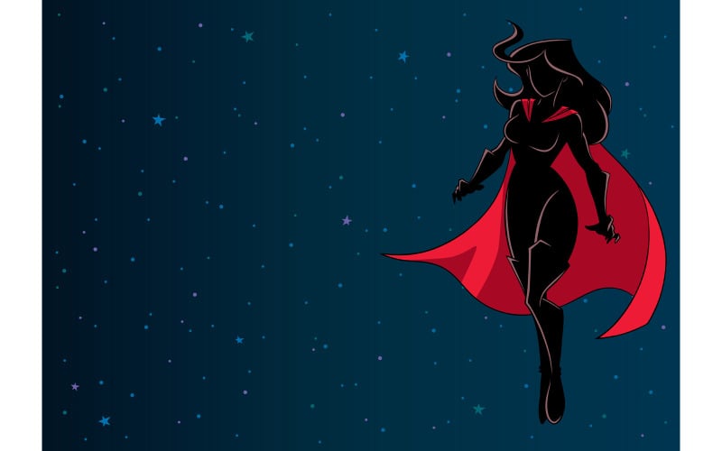 Download Иллюстрация "Superheroine Flying in Space Silhouette - Illustration" / Superheroine Flying in Space Silhouette - Illustration - Иллюстрация на тему графика woman,cape,superheroine,super,heroine,power,hero,superhero,flying,floating,silhouette,space,outer space,background,powerful,energy,illustration,cartoon,character,copy space