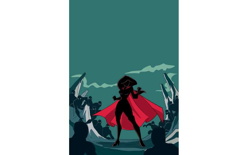 Download Иллюстрация "Superheroine Ready for Battle Silhouette - Illustration" / Superheroine Ready for Battle Silhouette - Illustration - Иллюстрация на тему графика woman,hero,cape,superheroine,battle,forces,minions,silhouette,dark,good,bad,evil,super,confrontation,alone,courage,courageous,brave,standing,power