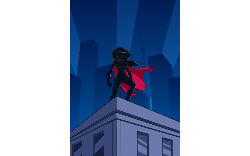 Download Иллюстрация "Superheroine Roof Watch Silhouette - Illustration" / Superheroine Roof Watch Silhouette - Illustration - Иллюстрация на тему графика superhero,super,hero,heroine,female,superwoman,silhouette,woman,girl,teenage,teenager,city,cityscape,skyline,urban,scene,night,dark,skyscraper,tower