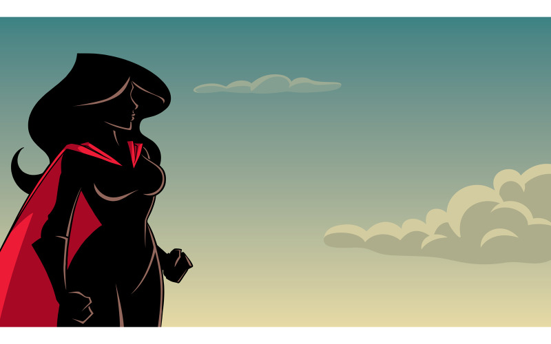 Download Иллюстрация "Superheroine Side Profile Sky Silhouette - Illustration" / Superheroine Side Profile Sky Silhouette - Illustration - Иллюстрация на тему графика woman,cape,superheroine,super,heroine,power,hero,superhero,side,profile,sky,cloud,cloudscape,landscape,background,silhouette,powerful,energy,illustration,cartoon