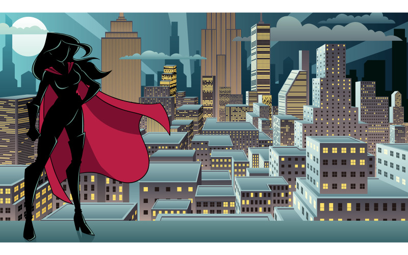 Download Иллюстрация "Superheroine Standing Night City Silhouette - Illustration" / Superheroine Standing Night City Silhouette - Illustration - Иллюстрация на тему графика superhero,super,hero,superheroine,heroine,silhouette,city,cityscape,night,sky,landscape,background,woman,girl,female,power,comic book,comic,style,strength