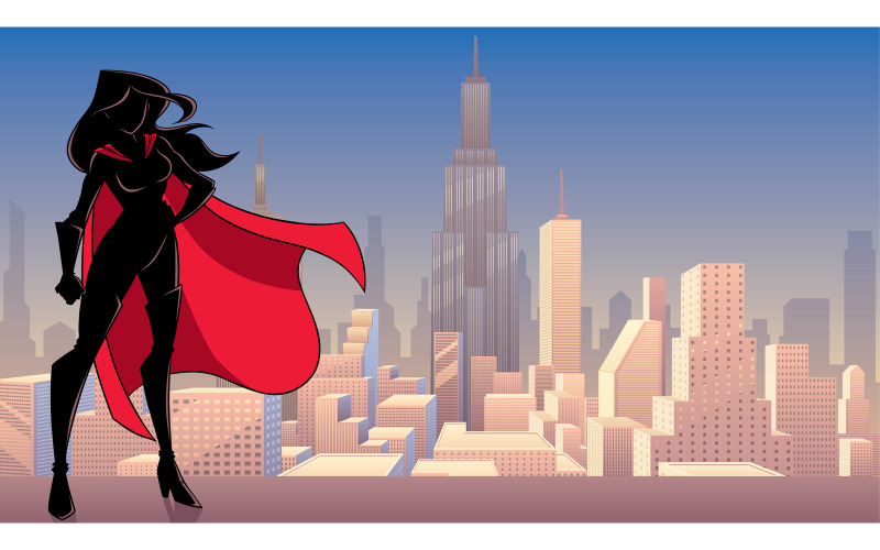 Download Иллюстрация "Superheroine Standing Tall City Silhouette - Illustration" / Superheroine Standing Tall City Silhouette - Illustration - Иллюстрация на тему графика superhero,super,hero,superheroine,heroine,silhouette,city,cityscape,sky,landscape,background,woman,girl,female,power,comic book,comic,style,strength,strong