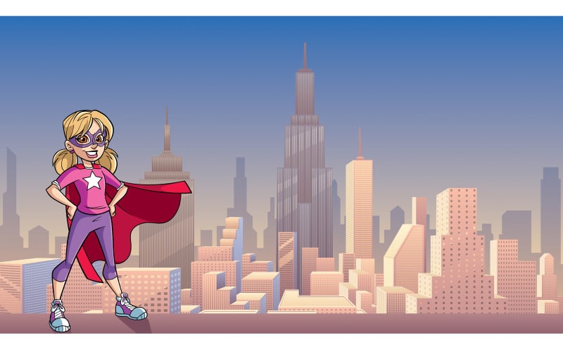 Download Иллюстрация "Little Super Girl City Background - Illustration" / Little Super Girl City Background - Illustration - Иллюстрация на тему графика cape,hero,super,girl,heroine,superheroine,child,power,powerful,energy,superhero,illustration,vector,cartoon,character,female,girl power,city,cityscape,skyline