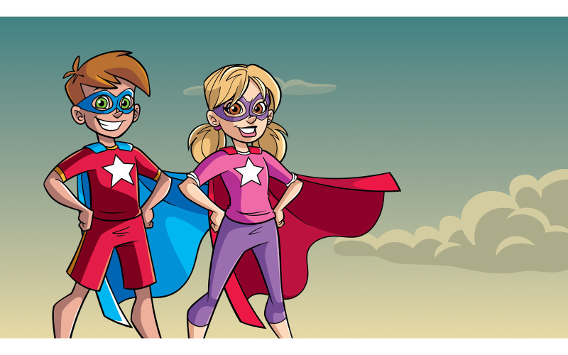 Download Иллюстрация "Little Super Kids Sky Background - Illustration" / Little Super Kids Sky Background - Illustration - Иллюстрация на тему графика cape,hero,heroine,super,boy,girl,kid,superhero,superheroine,child,friend,boyfriend,girlfriend,couple,brother,sister,cousin,sibling,power,powerful