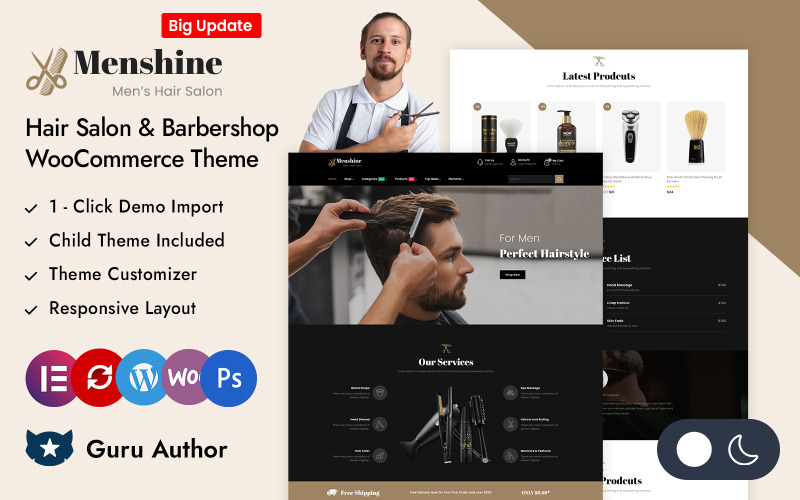 Menshine - 美发沙龙和理发店 Elementor WooCommerce 响应式主题
