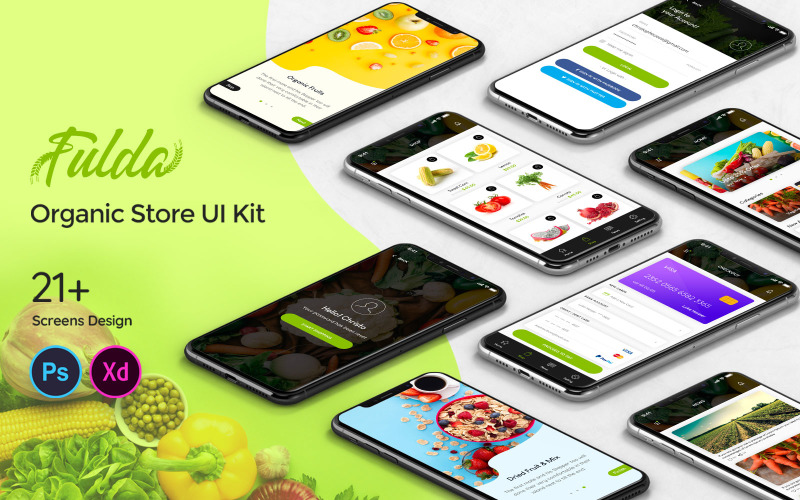 Zestaw interfejsu aplikacji mobilnej Fluda Organic Store