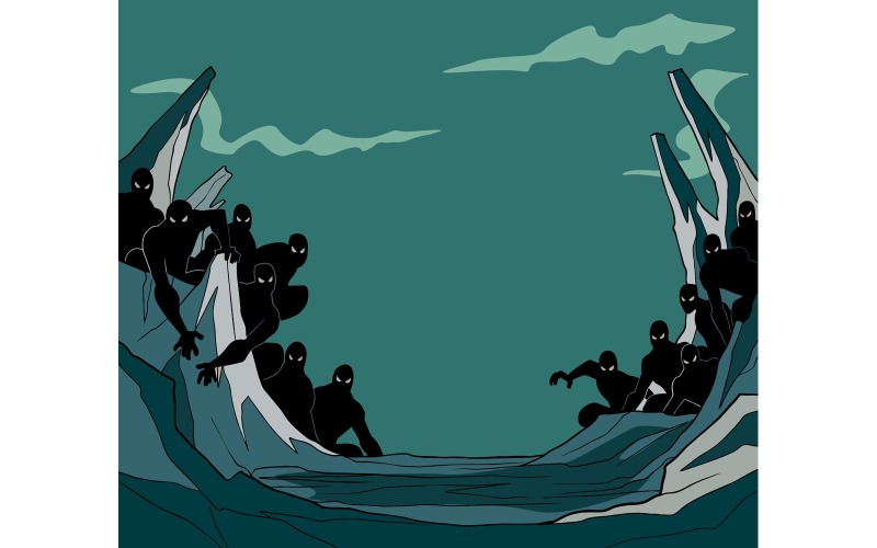 Download Иллюстрация "Minions - Illustration" / Minions - Illustration - Иллюстрация на тему графика evil,creatures,dark,horror,negative,forces,minions,monsters,terrifying,many,group,cartoon,character,scene,copy space,fiction,fictional,science fiction,crawling,rocky