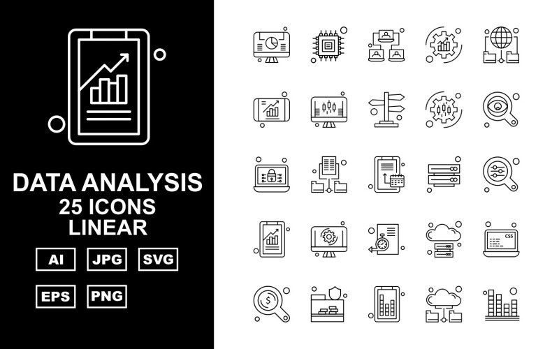 Sada 25 Premium Data Analysis Lineární Icon Pack