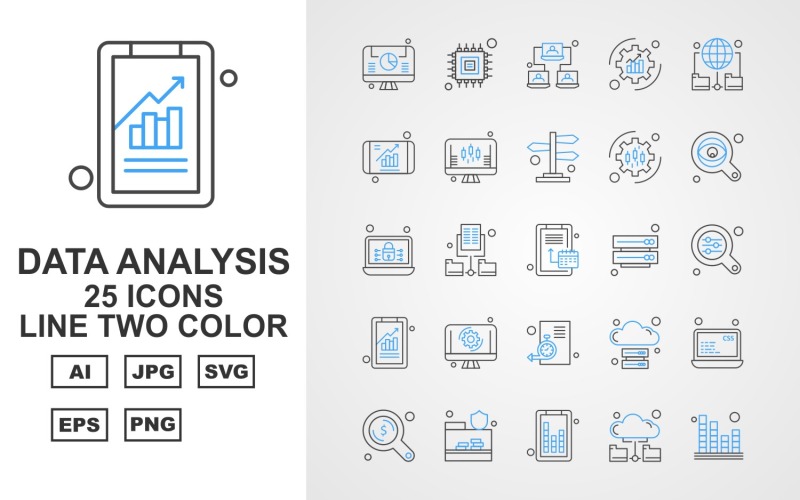 25 Set di pacchetti di icone a due colori della linea di analisi dei dati premium