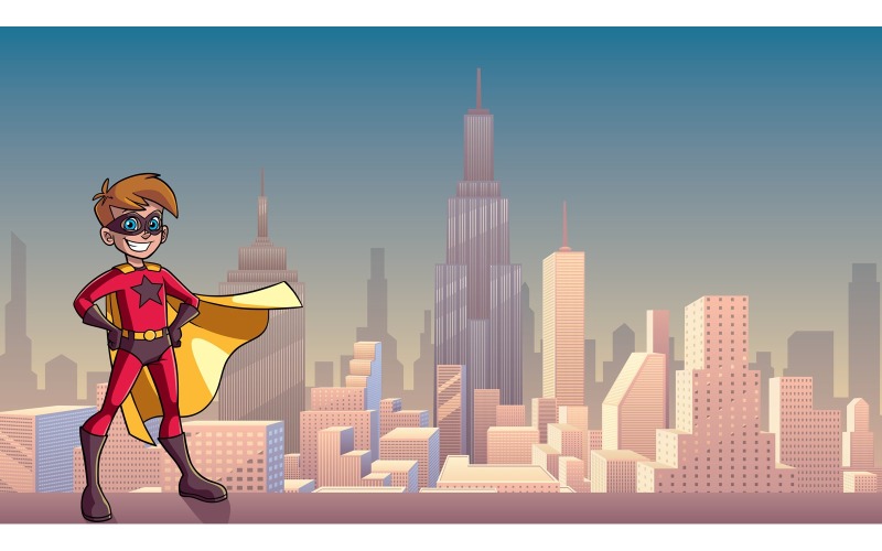 Download Иллюстрация "Super Boy City Background - Illustration" / Super Boy City Background - Illustration - Иллюстрация на тему графика cape,hero,super,boy,kid,superhero,child,power,powerful,energy,illustration,vector,cartoon,character,male,teenager,puberty,city,cityscape,skyline