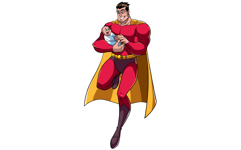 Download Иллюстрация "Super Dad with Baby - Illustration" / Super Dad with Baby - Illustration - Иллюстрация на тему графика man,hero,cape,super,father,baby,superhero,dad,daddy,cartoon,holding,care,happy,smiling,son,cute,child,newborn,safe,safety