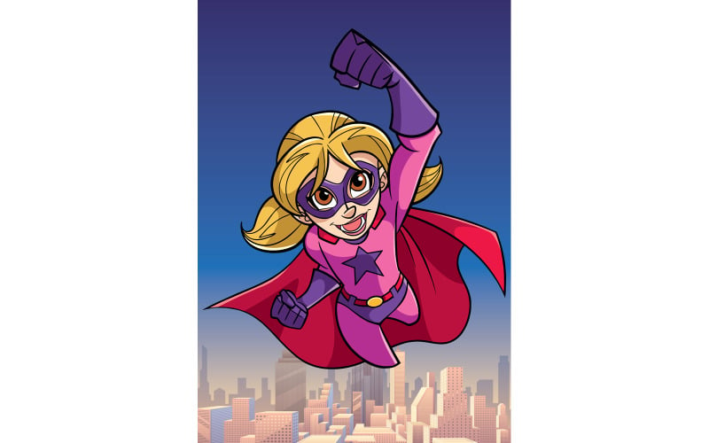 Супер девушка летит на фоне неба - Иллюстрация