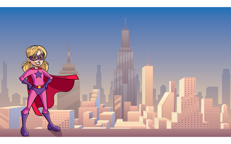 Download Иллюстрация "Super Girl City Background - Illustration" / Super Girl City Background - Illustration - Иллюстрация на тему графика hero,super,girl,heroine,superheroine,child,power,powerful,superhero,cape,costume,eye mask,illustration,vector,cartoon,character,female,girl power,city,cityscape