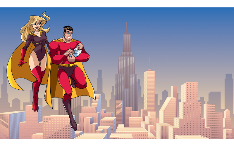 Super papá mamá y bebé en la ciudad - ilustración