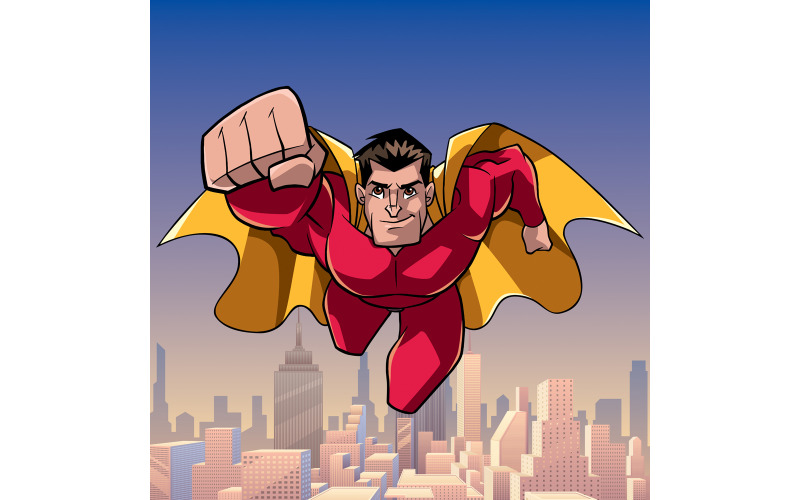 Download Иллюстрация "Superhero Coming at You in City - Illustration" / Superhero Coming at You in City - Illustration - Иллюстрация на тему графика man,hero,superhero,super,power,flying,powerful,energy,illustration,cartoon,character,sky,city,cityscape,landscape,background,square,banner,copy space,full length