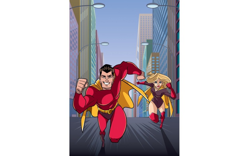 Download Иллюстрация "Superhero Couple Running Hero Leads - Illustration" / Superhero Couple Running Hero Leads - Illustration - Иллюстрация на тему графика super,hero,cape,superhero,man,woman,male,female,superheroine,heroine,couple,family,team,leader,leading,running,fast,city,street,cityscape