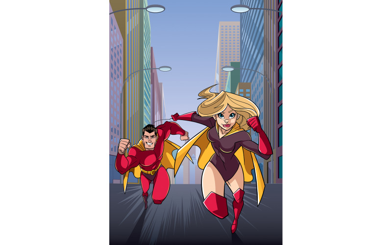 Download Иллюстрация "Superhero Couple Running Heroine Leads - Illustration" / Superhero Couple Running Heroine Leads - Illustration - Иллюстрация на тему графика super,hero,cape,superhero,man,woman,male,female,superheroine,heroine,couple,family,team,leader,leading,running,fast,city,street,cityscape