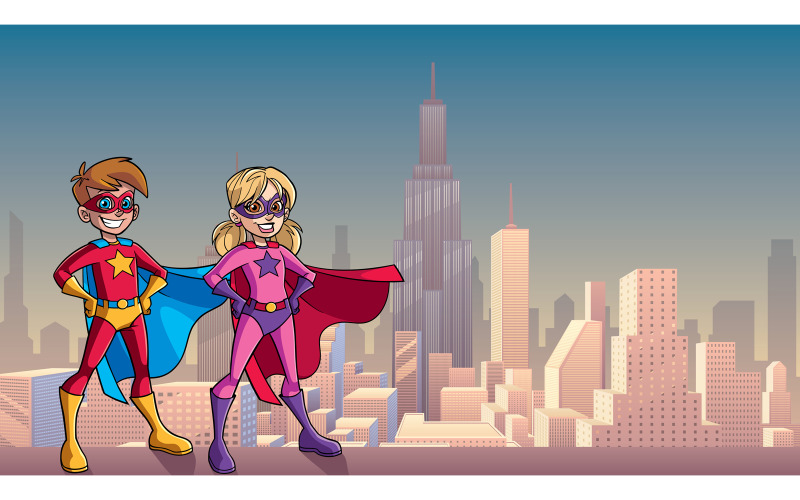 Download Иллюстрация "Super Kids City Background - Illustration" / Super Kids City Background - Illustration - Иллюстрация на тему графика cape,hero,heroine,super,boy,girl,kid,superhero,superheroine,child,friend,boyfriend,girlfriend,couple,brother,sister,cousin,sibling,power,powerful