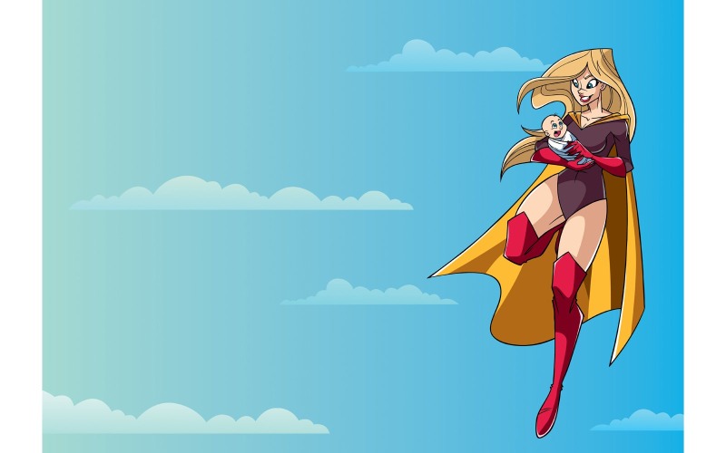 Download Иллюстрация "Super Mom with Baby in Sky - Illustration" / Super Mom with Baby in Sky - Illustration - Иллюстрация на тему графика woman,heroine,cape,super,hero,mother,baby,superheroine,superhero,mum,mummy,mom,cartoon,holding,care,happy,smiling,son,cute,child