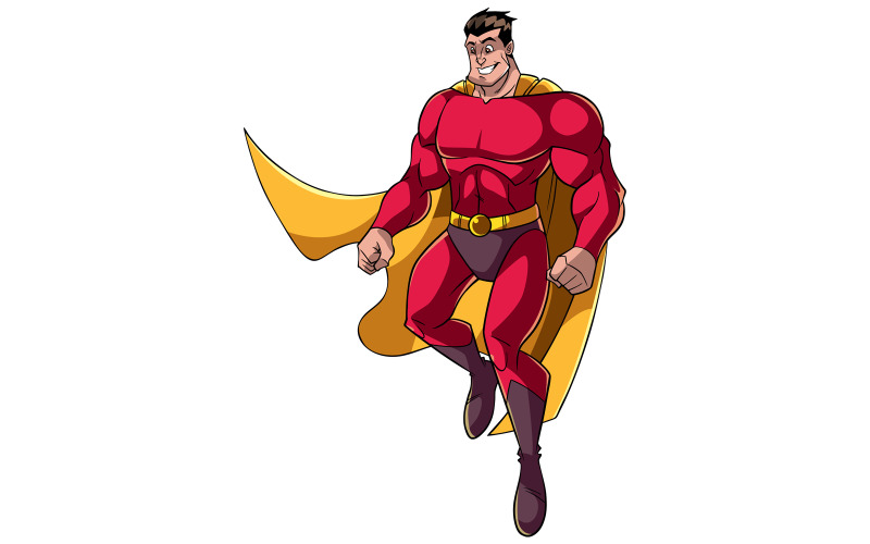 Download Иллюстрация "Superhero Flying Happy - Illustration" / Superhero Flying Happy - Illustration - Иллюстрация на тему графика hero,superhero,super,man,flying,happy,smiling,powerful,muscles,power,energy,character,on white,copy space,full length,comic,comic strip,comic book,red,yellow