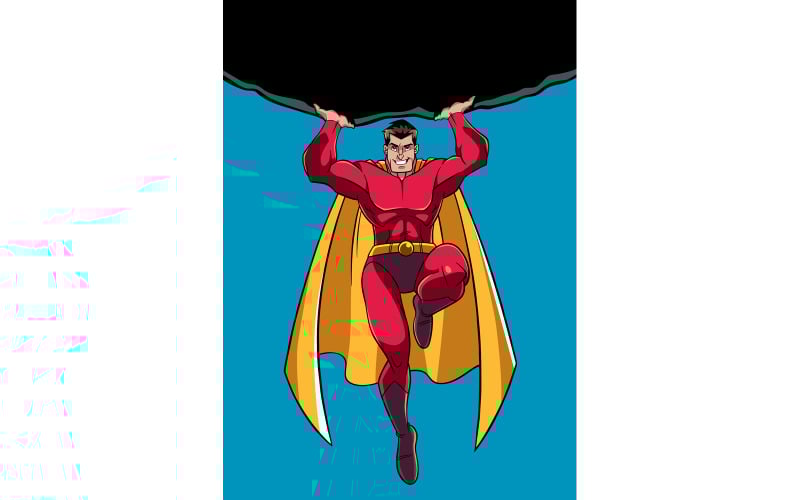 Download Иллюстрация "Superhero Holding Boulder - Illustration" / Superhero Holding Boulder - Illustration - Иллюстрация на тему графика man,hero,cape,superhero,boulder,power,savior,mission,intervention,powerful,huge,flying,sky,big,copy space,yellow,muscles,muscular,action,energy